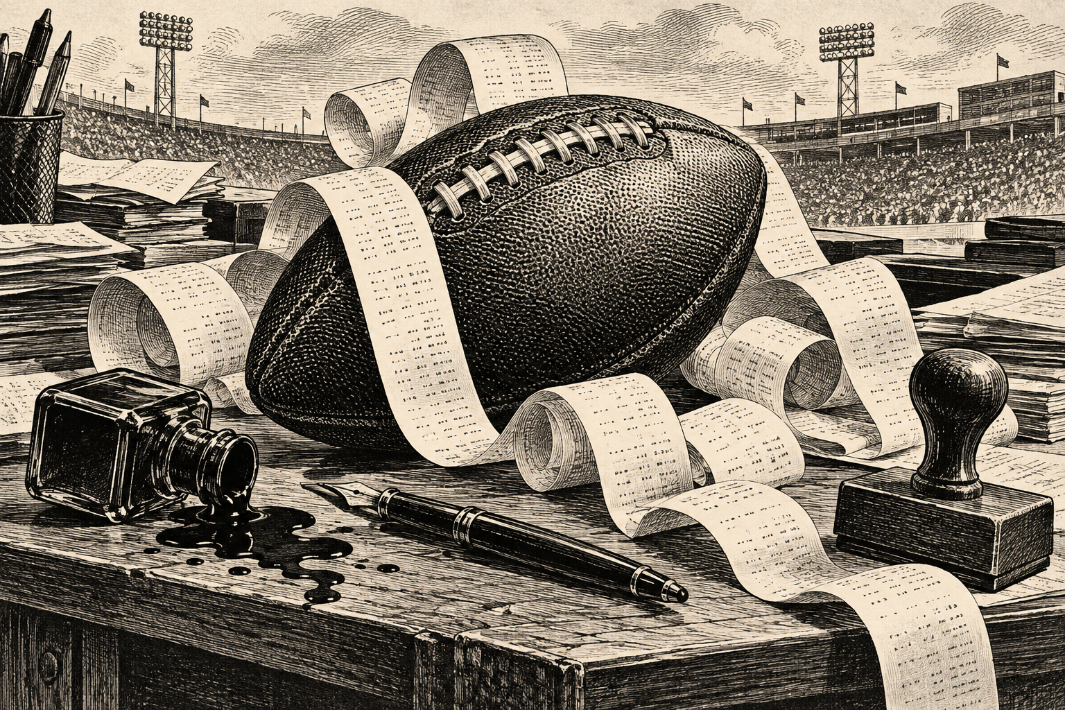 Newspaper engraving of a football buried in receipts on an editor's desk.